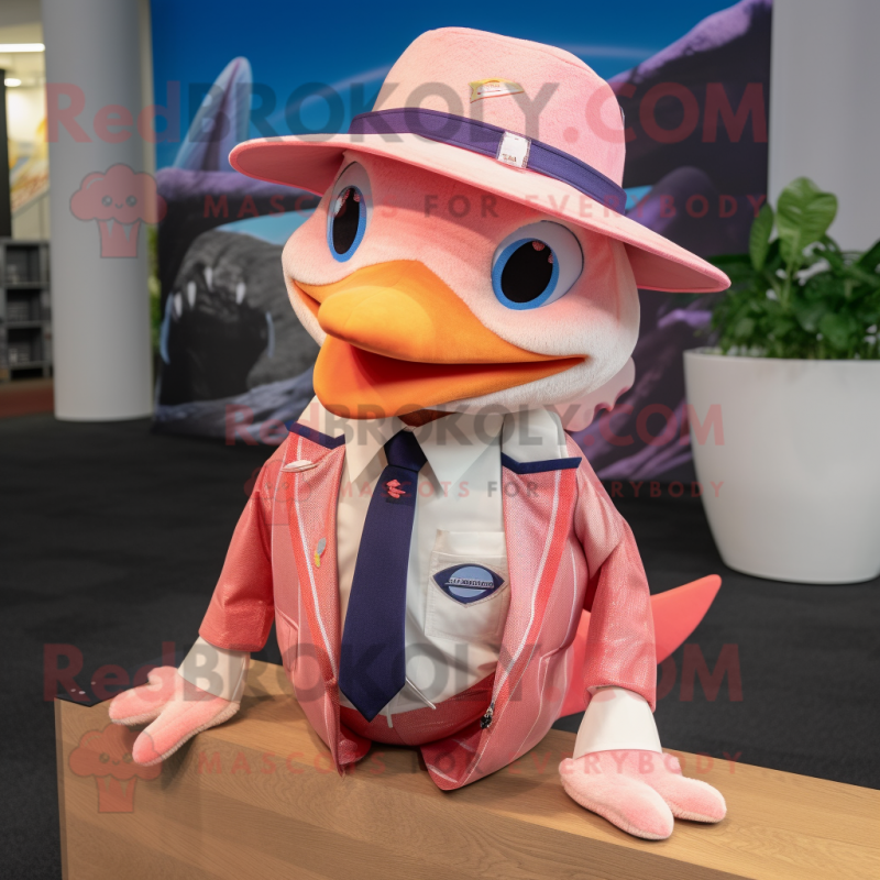 Peach Swordfish mascot costume character dressed with a Blazer and Caps