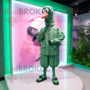 Forest Green Flamingo mascot costume character dressed with a Parka and Bracelets