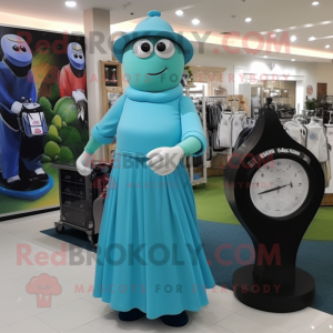 Cyan Golf Bag mascot costume character dressed with a Midi Dress and Watches
