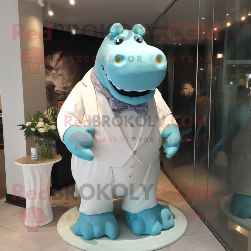 Cyan Hippopotamus mascot costume character dressed with a Wedding Dress and Tie pins