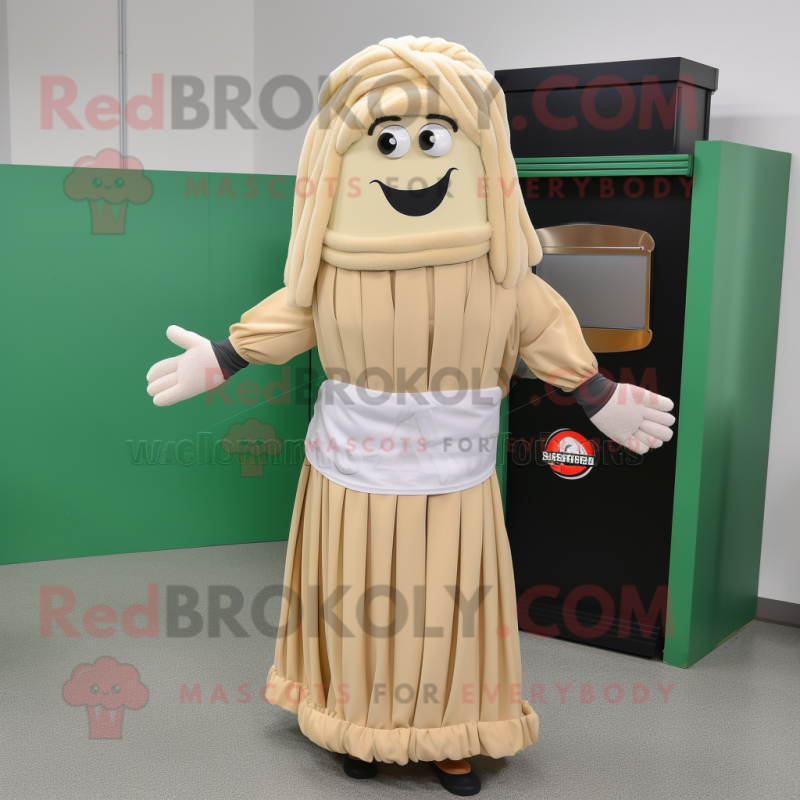 Tan Pesto Pasta mascot costume character dressed with a A-Line Skirt and Gloves