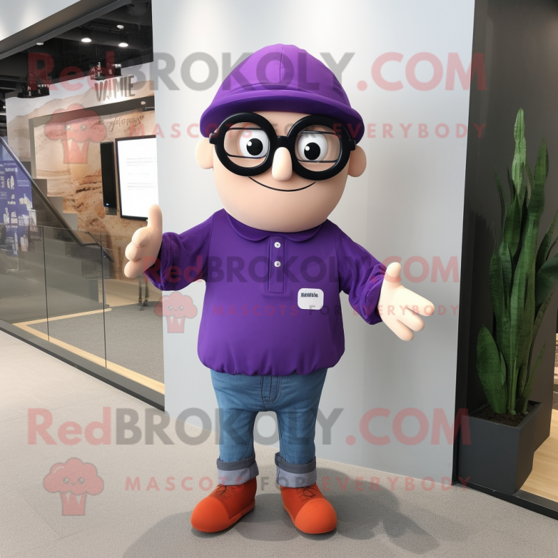 Purple Momentum mascot costume character dressed with a T-Shirt and Eyeglasses