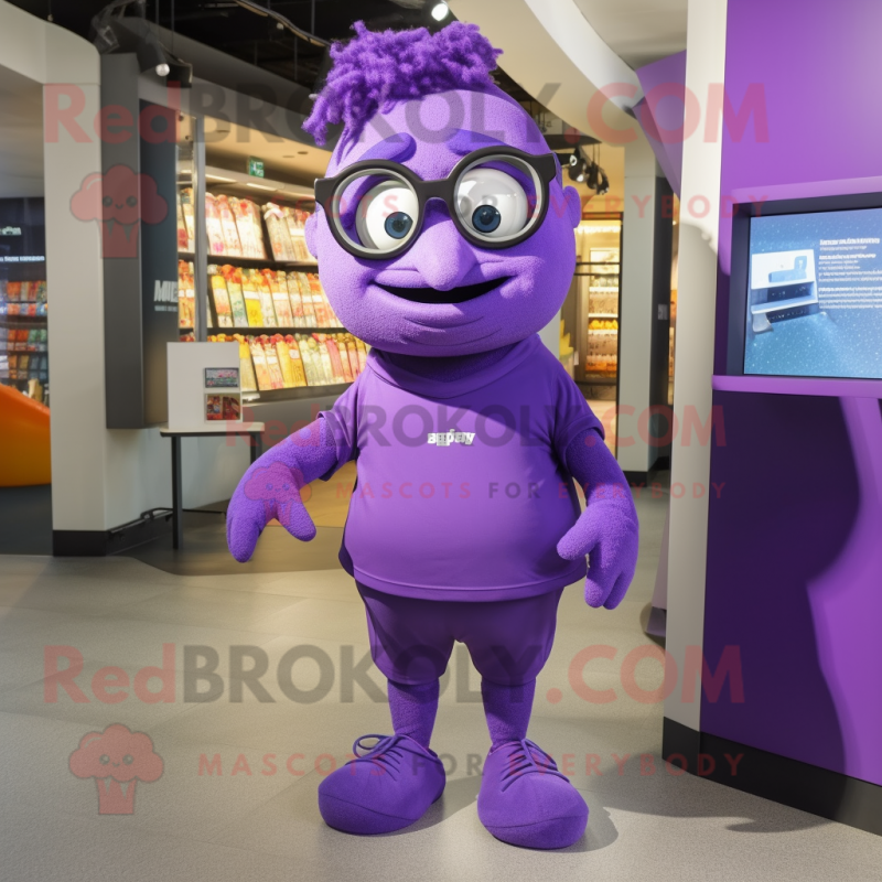 Purple Momentum mascot costume character dressed with a T-Shirt and Eyeglasses