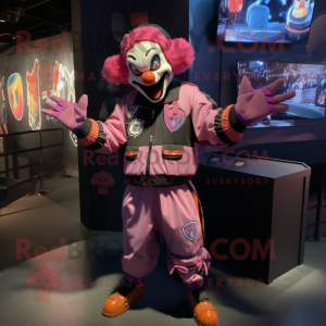 Pink Evil Clown mascot costume character dressed with a Bomber Jacket and Backpacks