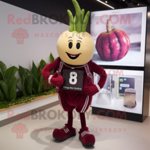 Maroon Beet mascot costume character dressed with a Playsuit and Digital watches