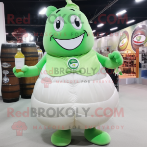 Cream Green Beer mascot costume character dressed with a Ball Gown and Messenger bags