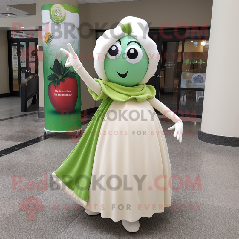 Cream Green Beer mascot costume character dressed with a Ball Gown and Messenger bags
