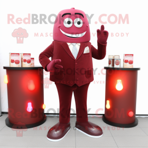 Maroon Scented Candle mascot costume character dressed with a Suit and Foot pads