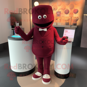 Maroon Scented Candle mascot costume character dressed with a Suit and Foot pads