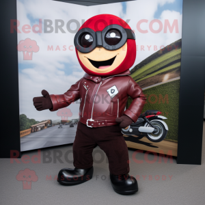 Maroon Shakshuka mascot costume character dressed with a Biker Jacket and Bow ties