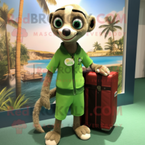 Green Meerkat mascot costume character dressed with a Board Shorts and Tie pins