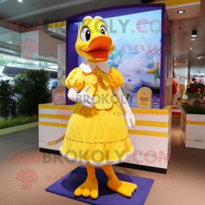 Yellow Geese mascot costume character dressed with a Dress and Bow ties