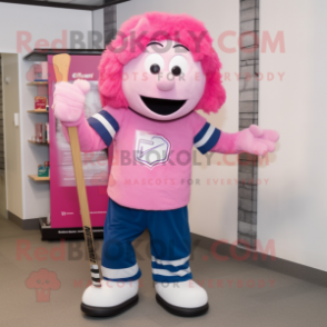 Pink Ice Hockey Stick mascot costume character dressed with a Joggers and Shoe clips