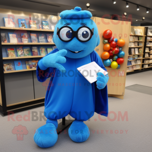 Blue Meatballs mascot costume character dressed with a Coat and Reading glasses