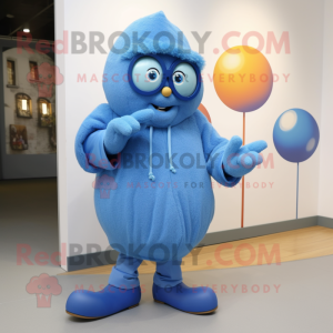 Blue Meatballs mascot costume character dressed with a Coat and Reading glasses