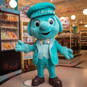Turquoise Chocolates mascot costume character dressed with a Playsuit and Berets