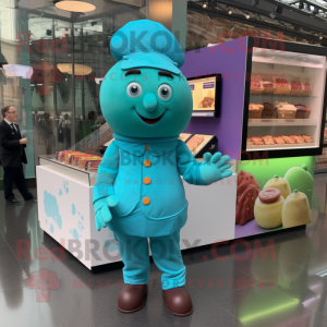 Turquoise Chocolates mascot costume character dressed with a Playsuit and Berets