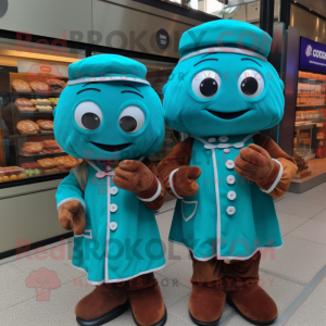Turquoise Chocolates mascot costume character dressed with a Playsuit and Berets