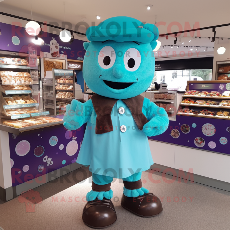 Turquoise Chocolates mascot costume character dressed with a Playsuit and Berets