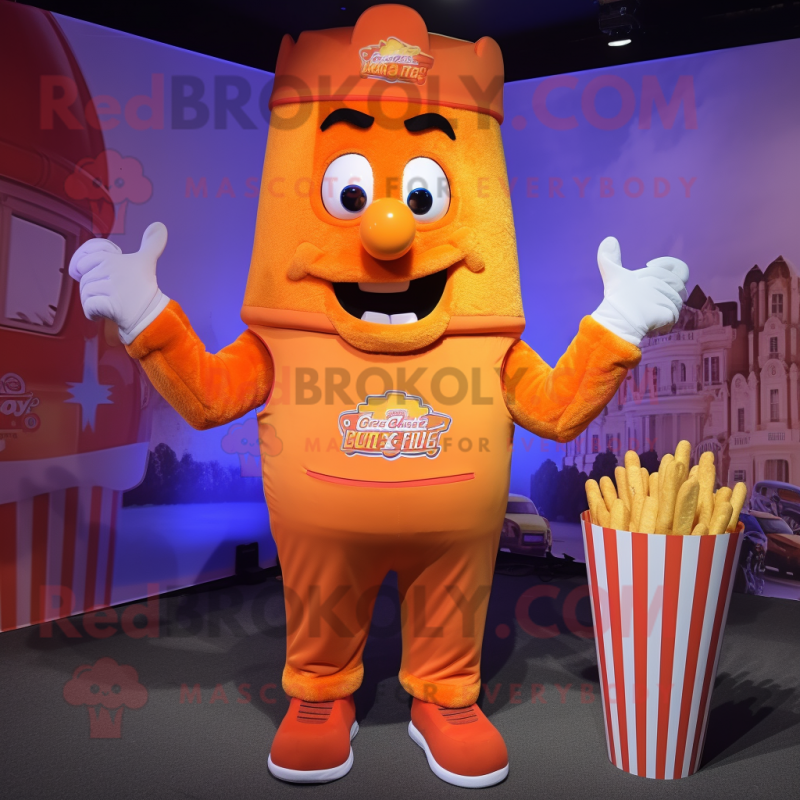 Orange French Fries mascot costume character dressed with a Overalls and Foot pads