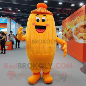 Orange French Fries mascot costume character dressed with a Overalls and Foot pads