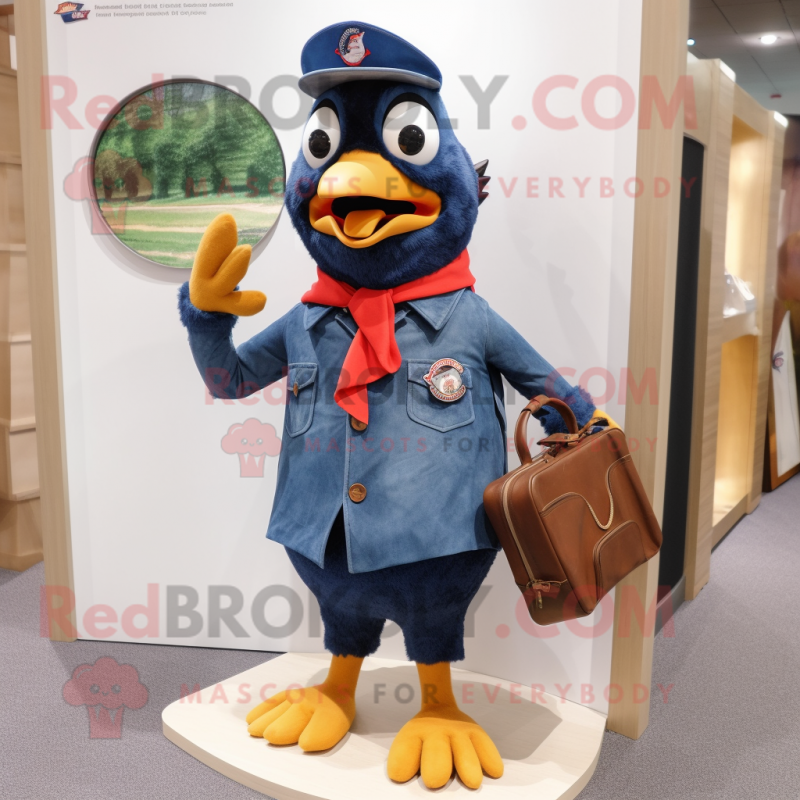 Navy Woodpecker mascot costume character dressed with a Denim Shorts and Briefcases