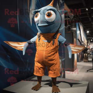 Rust Swordfish mascot costume character dressed with a Shorts and Suspenders