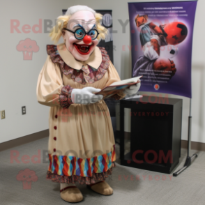 Tan Evil Clown mascot costume character dressed with a Evening Gown and Reading glasses