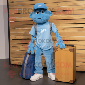 Sky Blue Skateboard mascot costume character dressed with a Cargo Pants and Tote bags