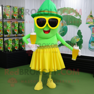 Yellow Green Beer mascot costume character dressed with a Pleated Skirt and Sunglasses