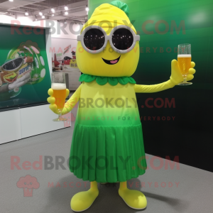 Yellow Green Beer mascot costume character dressed with a Pleated Skirt and Sunglasses