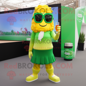 Yellow Green Beer mascot costume character dressed with a Pleated Skirt and Sunglasses