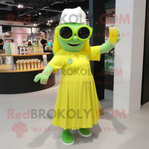 Yellow Green Beer mascot costume character dressed with a Pleated Skirt and Sunglasses