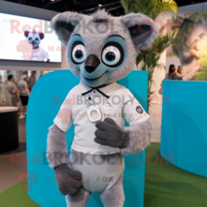 Gray Lemur mascot costume character dressed with a Polo Shirt and Smartwatches