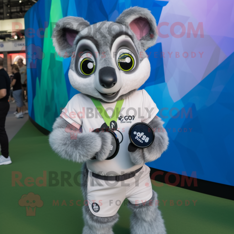 Gray Lemur mascot costume character dressed with a Polo Shirt and Smartwatches