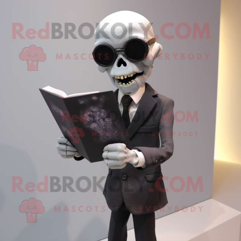 nan Skull mascot costume character dressed with a Suit Jacket and Reading glasses