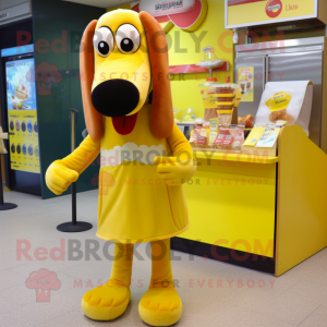 Yellow Hot Dogs mascot costume character dressed with a Cocktail Dress and Coin purses