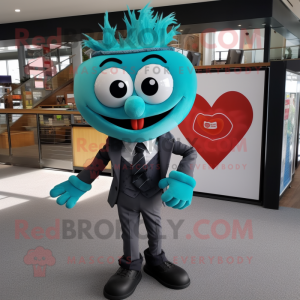 Turquoise Heart mascot costume character dressed with a Suit Pants and Tie pins