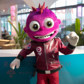 Magenta Ceviche mascot costume character dressed with a Leather Jacket and Bracelets