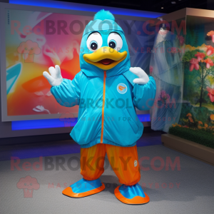 Cyan Mandarin mascot costume character dressed with a Windbreaker and Bracelets