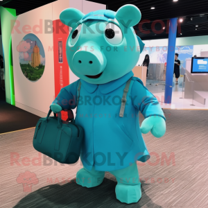 Cyan Pig maskot kostume...