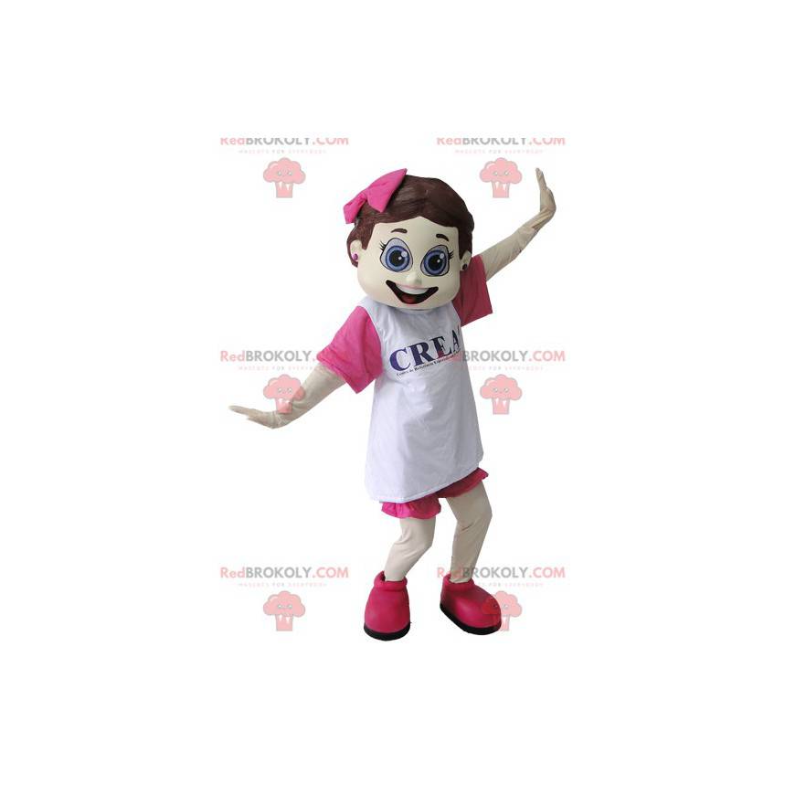 Coquette girl mascot dressed in pink and white