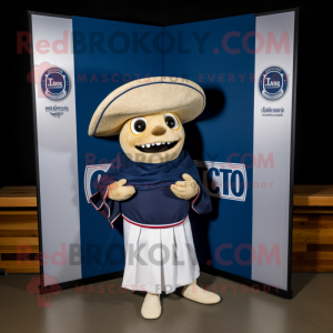 Navy Tacos mascot costume character dressed with a Oxford Shirt and Shawls