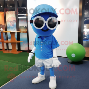 Blue Golf Ball mascot costume character dressed with a Trousers and Reading glasses