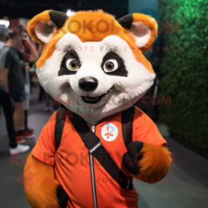 Orange Red Panda mascot costume character dressed with a Sweatshirt and Suspenders