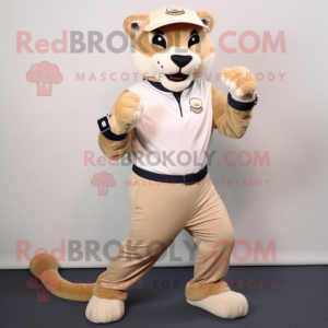 Beige Puma mascot costume character dressed with a Capri Pants and Bracelet watches