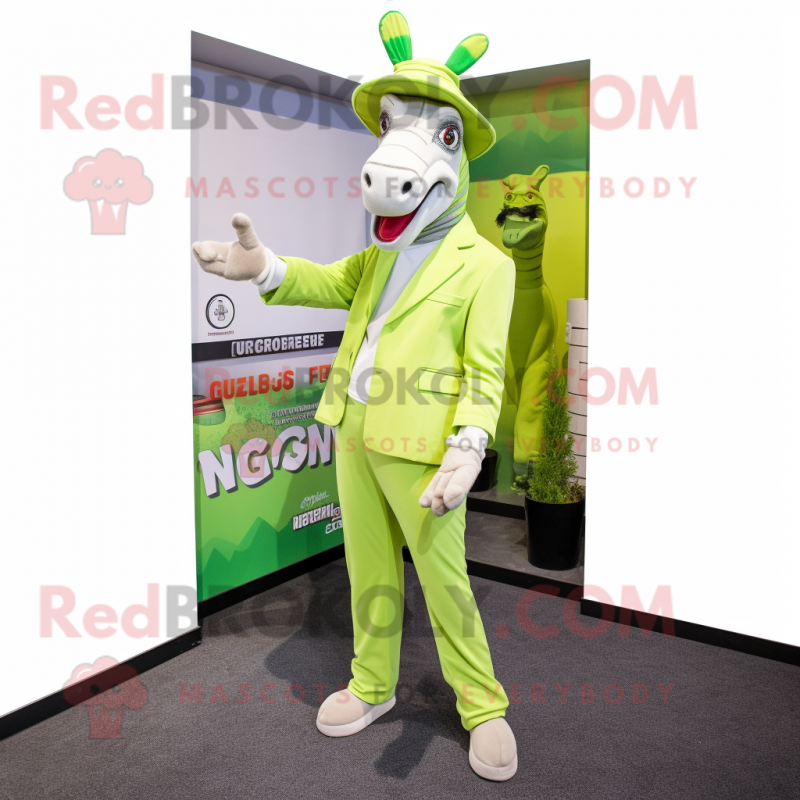 Lime Green Quagga mascot costume character dressed with a Suit Pants and Caps