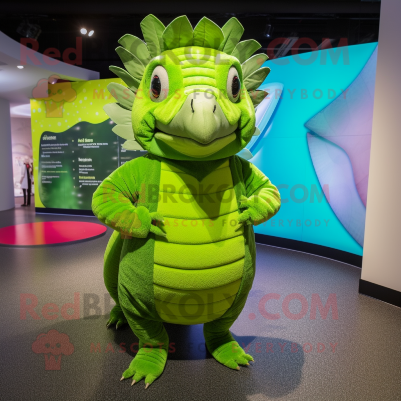 Lime Green Armadillo mascot costume character dressed with a Coat and Cummerbunds