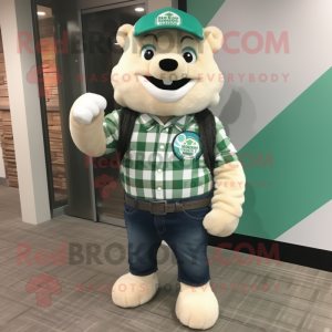 Cream Green Beer mascot costume character dressed with a Flannel Shirt and Bracelet watches