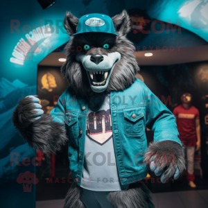 Teal Werewolf mascot costume character dressed with a Moto Jacket and Hats